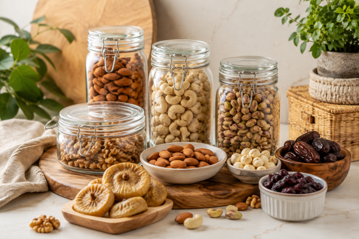 Dry fruits and nuts stored in airtight glass jars for long-lasting freshness