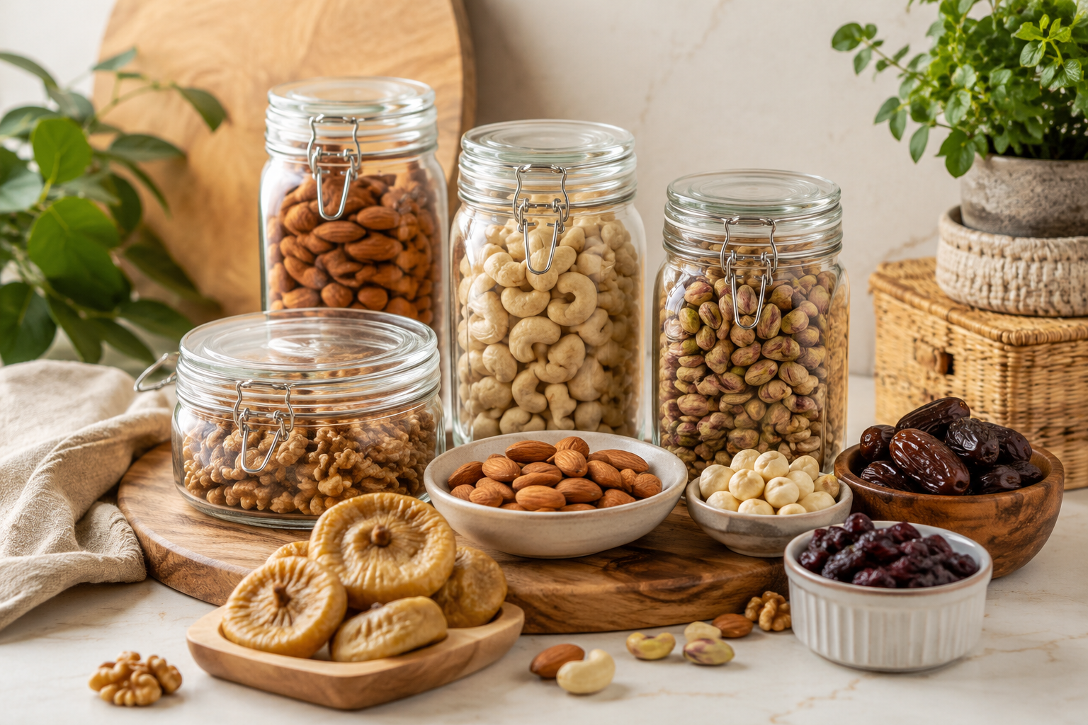 Dry fruits and nuts stored in airtight glass jars for long-lasting freshness