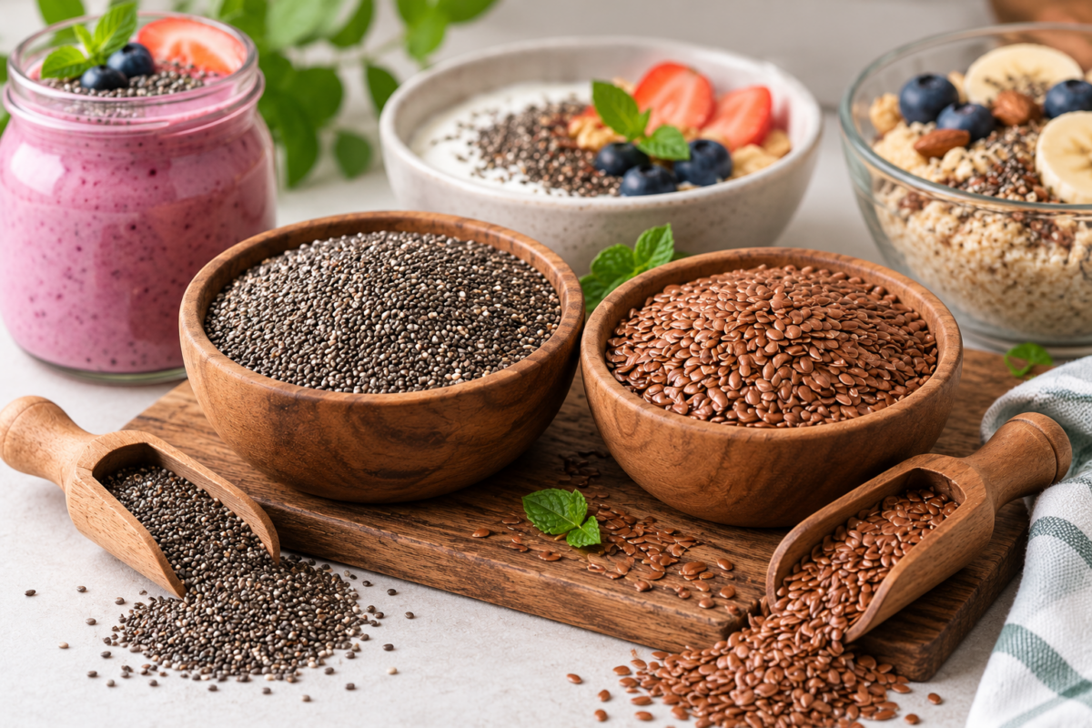 Wooden bowls filled with chia seeds and flax seeds served alongside a smoothie, yogurt bowl, and healthy breakfast ingredients for a nutritious, fiber-rich diet.