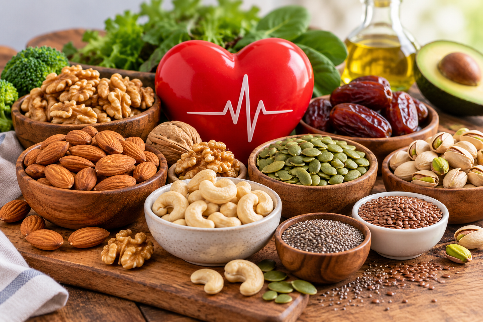 A variety of heart-healthy nuts, dry fruits, and seeds including almonds, walnuts, pistachios, cashews, pumpkin seeds, chia seeds, flaxseeds, and dates arranged around a red heart symbol, representing foods that support healthy cholesterol levels and cardiovascular health.