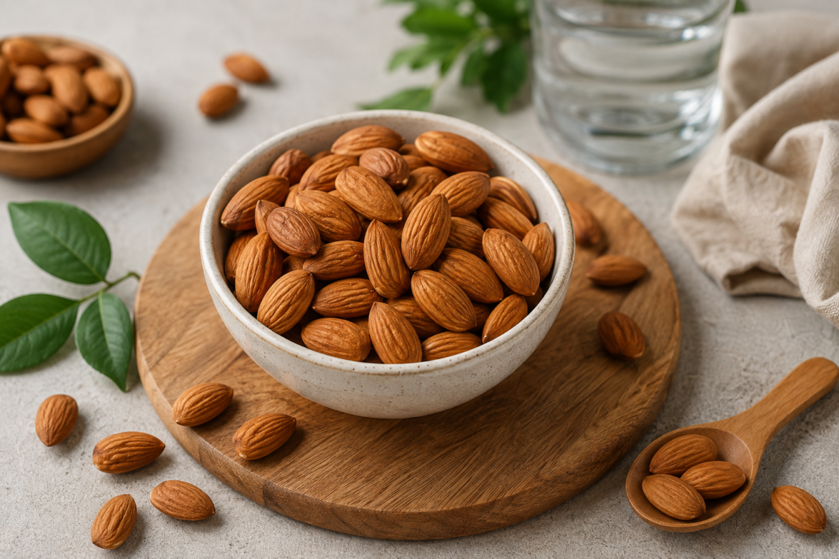 Bowl of healthy almonds showing the ideal daily almond serving
