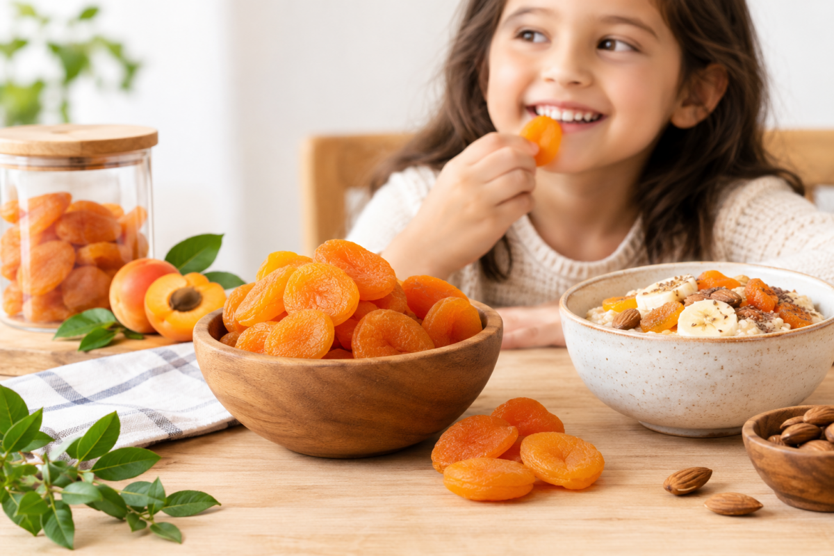 Dried apricots with fresh apricots and a healthy breakfast bowl for kids