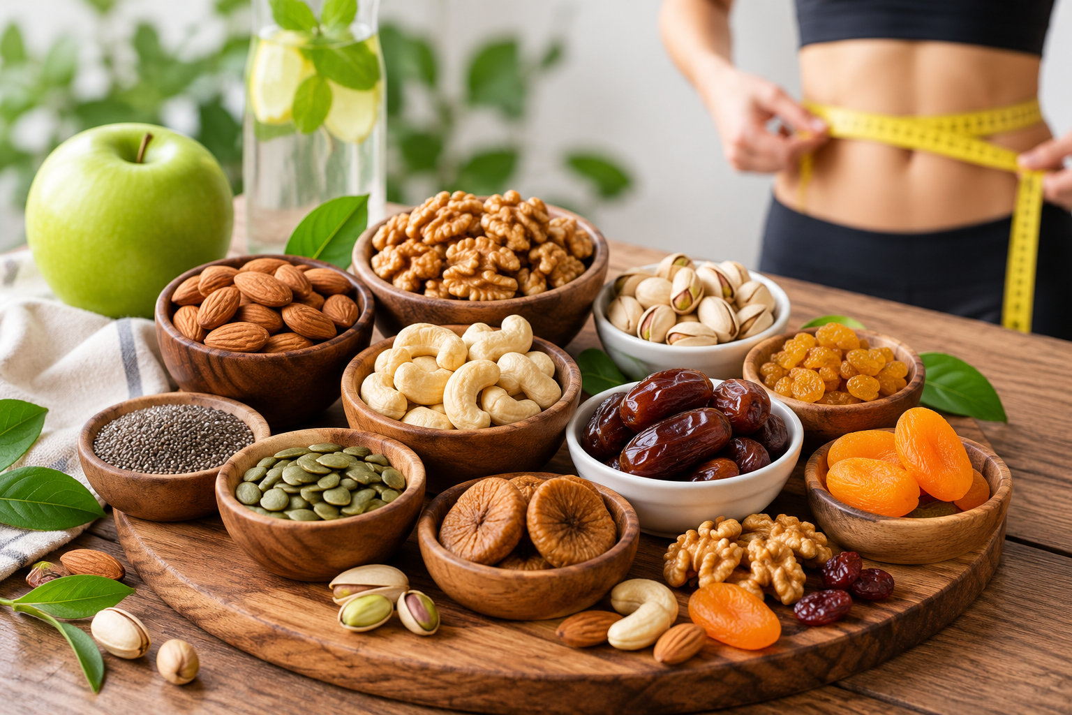 Assorted healthy dry fruits including almonds, walnuts, pistachios, cashews, dates, raisins, and dried apricots for healthy weight loss.