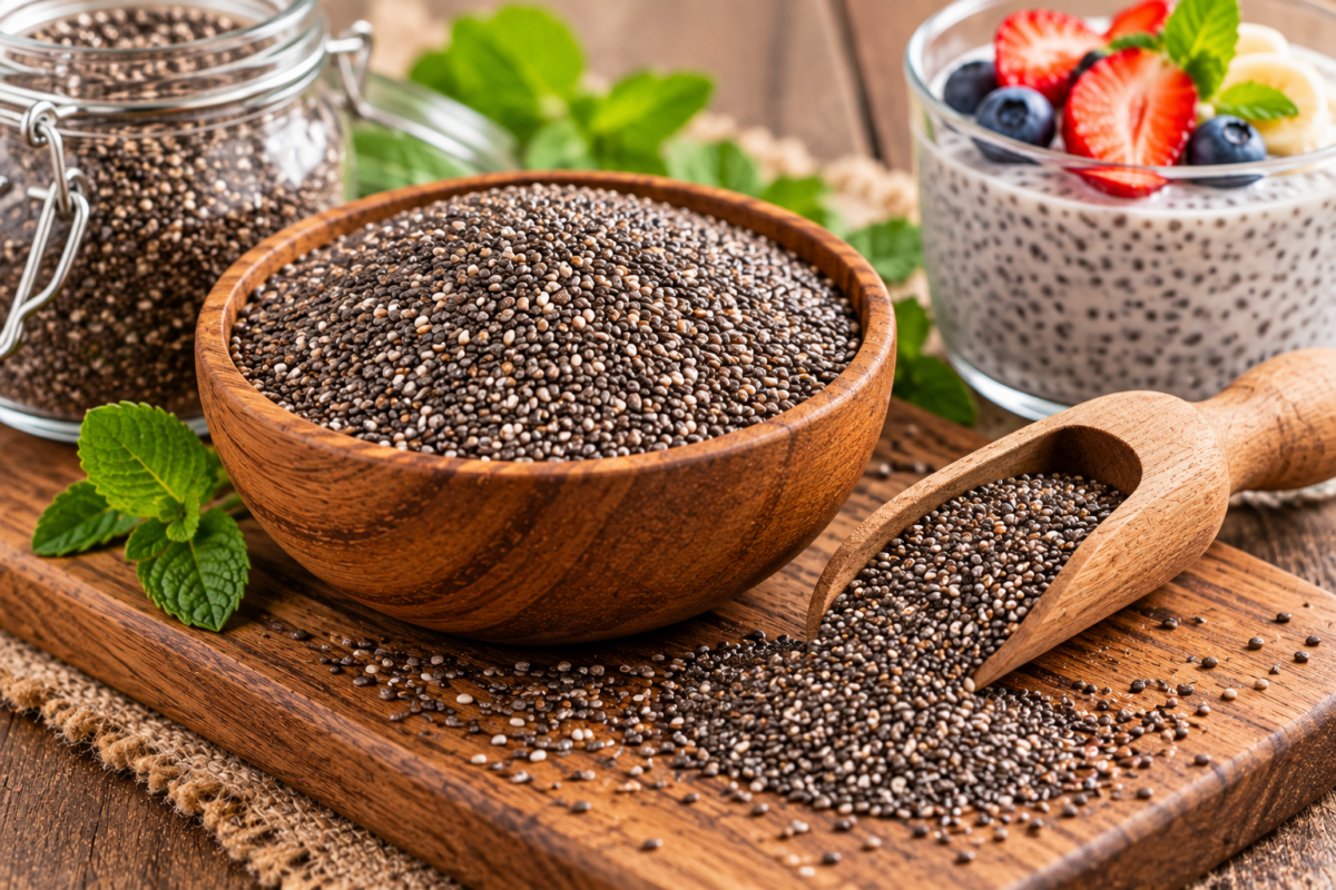 A bowl of chia seeds with a wooden scoop on a rustic table alongside chia pudding topped with fresh berries, highlighting a nutrient-rich superfood high in omega-3 fatty acids, fiber, and antioxidants for heart health.