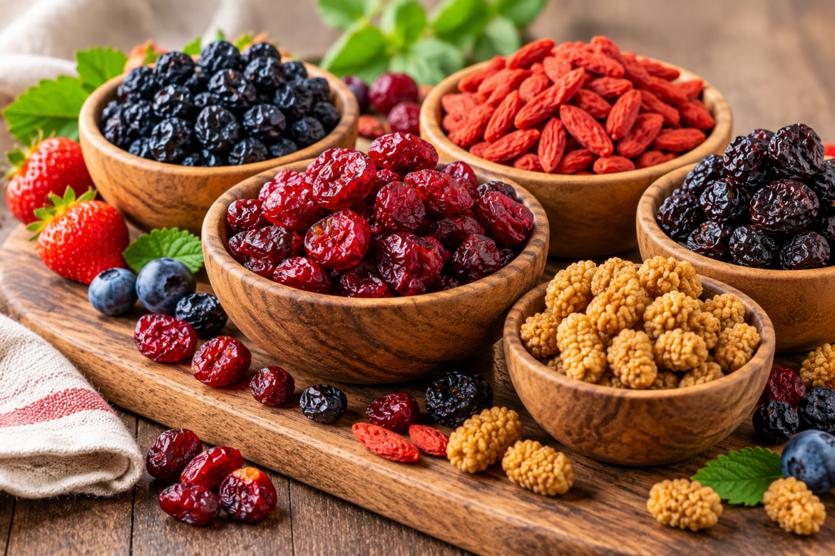 Assorted dried berries including cranberries, blueberries, goji berries, mulberries, and black raisins arranged in wooden bowls on a rustic wooden table, showcasing a healthy antioxidant-rich snack.