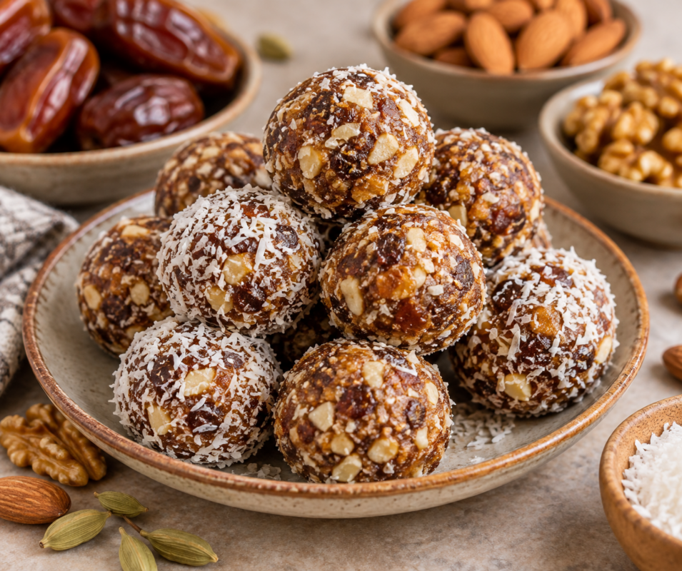 Dry fruit and date energy bites made with almonds, walnuts, dates, and coconut