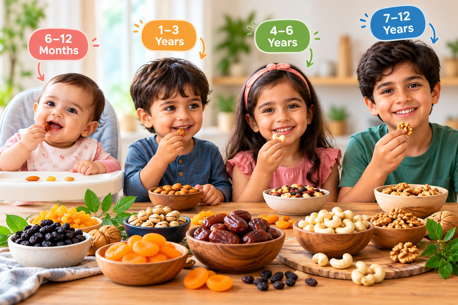 Age-wise guide showing children from 6 months to 12 years with healthy dry fruits including almonds, walnuts, cashews, pistachios, raisins, apricots, and dates.