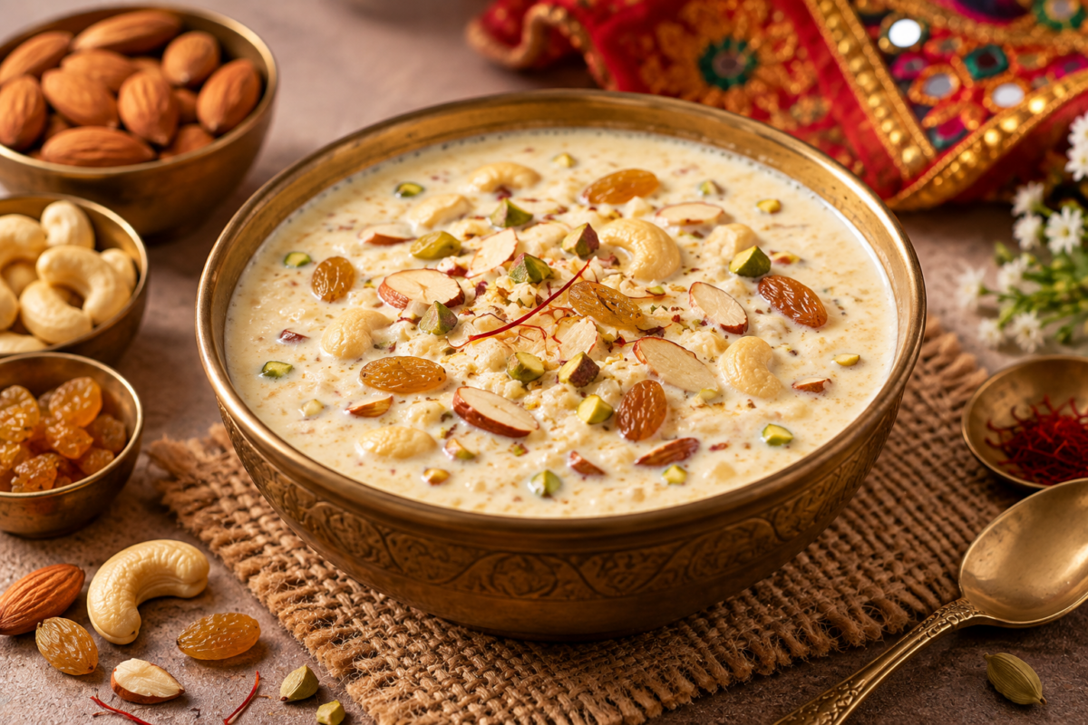 Bowl of creamy Farali Dry Fruit Kheer garnished with almonds, cashews, raisins, pistachios, and saffron, served as a traditional Navratri fasting dessert