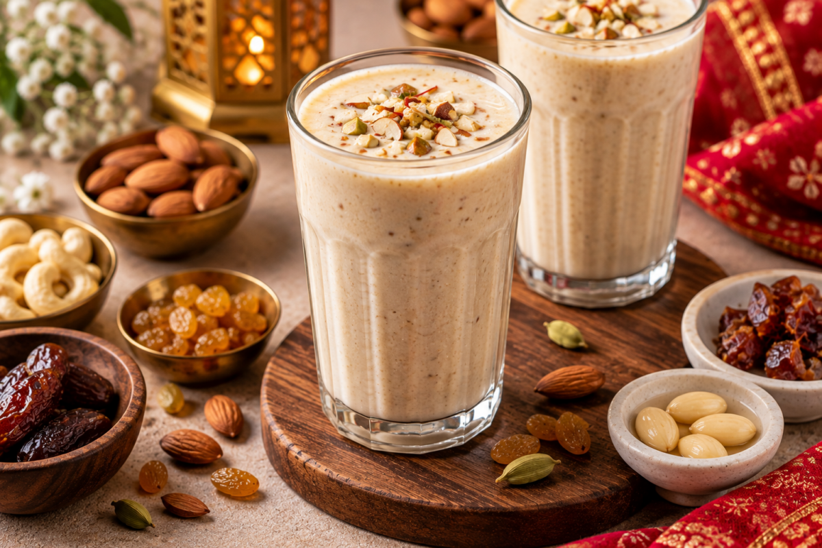 Creamy Farali Dry Fruit Milkshake made with milk, almonds, dates, raisins, and cardamom, served as a healthy Navratri fasting drink.