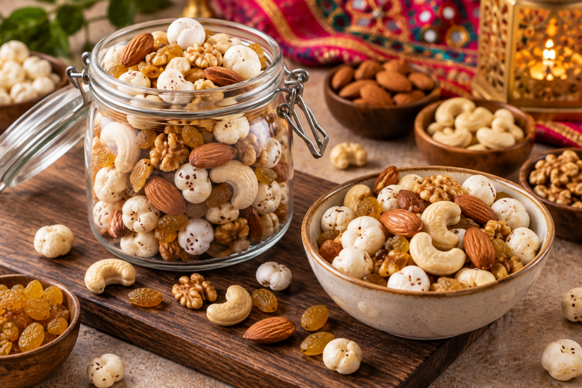 Healthy Farali Trail Mix made with roasted makhana, almonds, cashews, walnuts, and raisins, served in a bowl and glass jar for Navratri fasting.