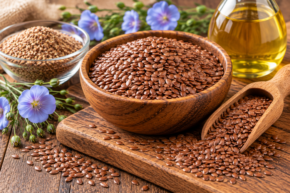 A bowl of whole flax seeds with a wooden scoop on a rustic wooden table, accompanied by ground flaxseed and flax flowers, highlighting a nutrient-rich source of omega-3 fatty acids, fiber, and lignans that support heart health and healthy cholesterol levels.