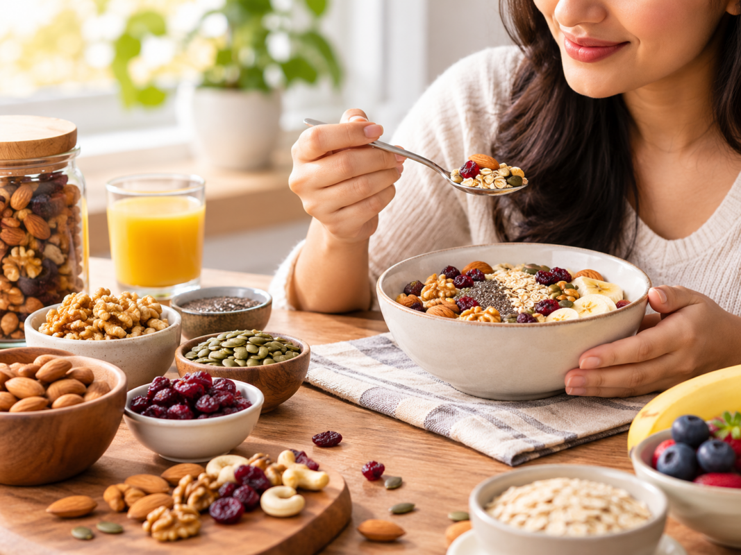 Healthy breakfast bowl with dry fruits, nuts, seeds and oats