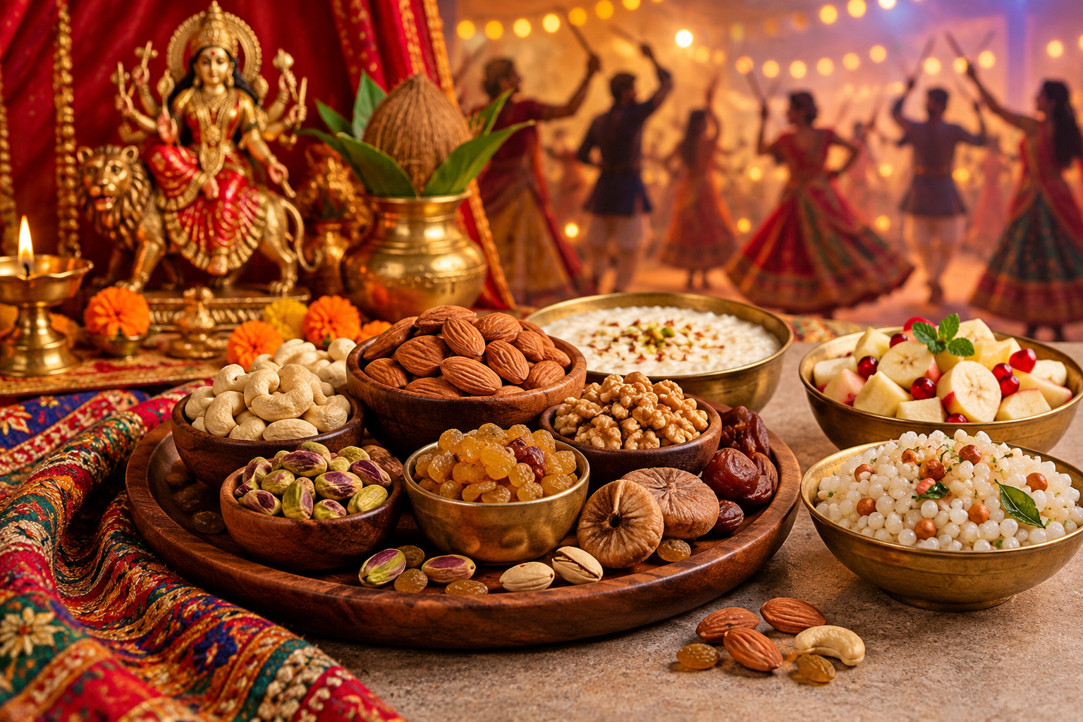 Assorted dry fruits, nuts, sabudana, fruit bowl, and traditional fasting foods arranged for Navratri 2026 celebration with festive decorations in the background