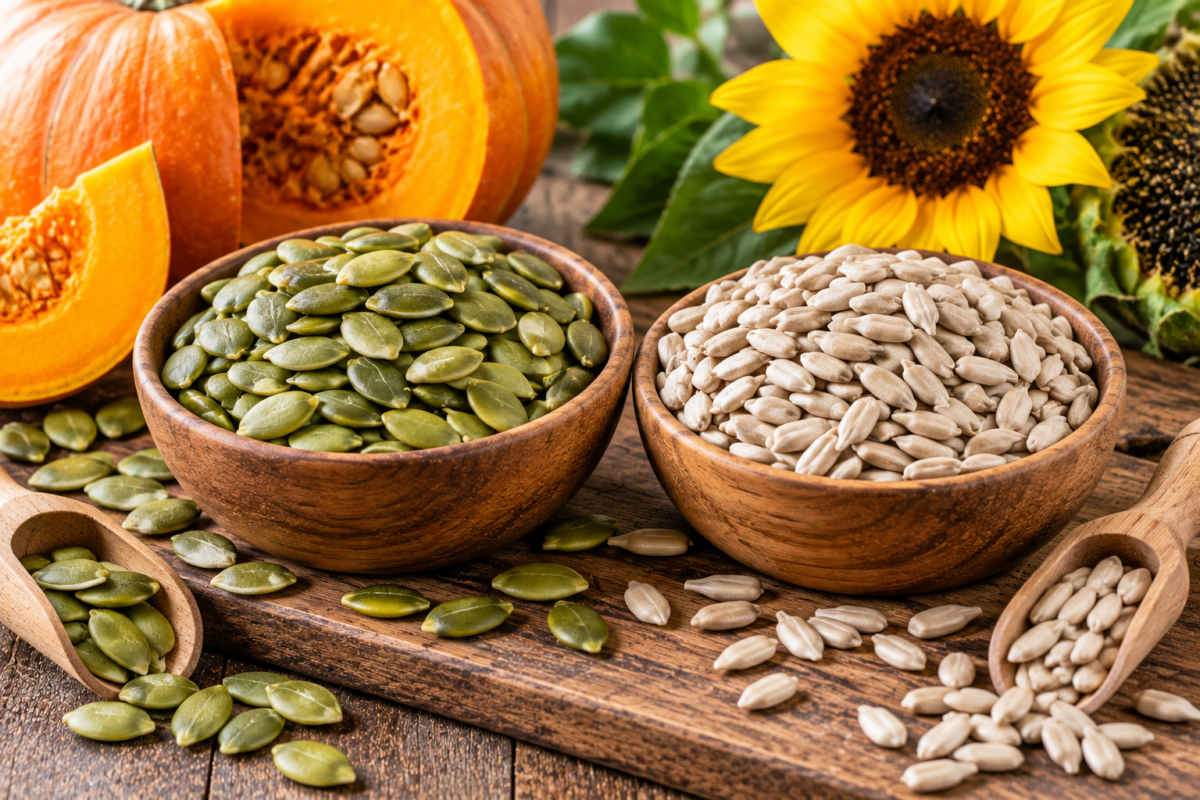 Pumpkin seeds and sunflower seeds displayed in wooden bowls on a rustic wooden table with fresh pumpkin and sunflower in the background, highlighting nutrient-rich seeds that support heart health and healthy cholesterol levels.