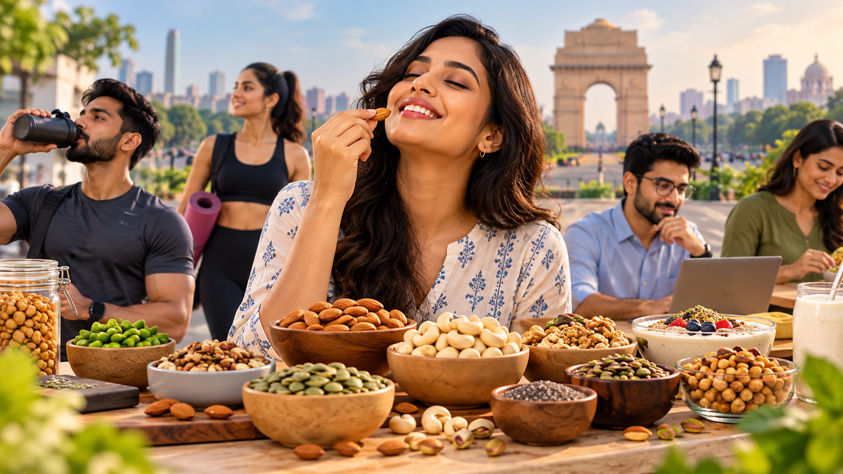 Young Indian professionals enjoying protein-rich snacks like almonds, pistachios, seeds, yogurt, and legumes as part of a healthy, high-protein lifestyle.